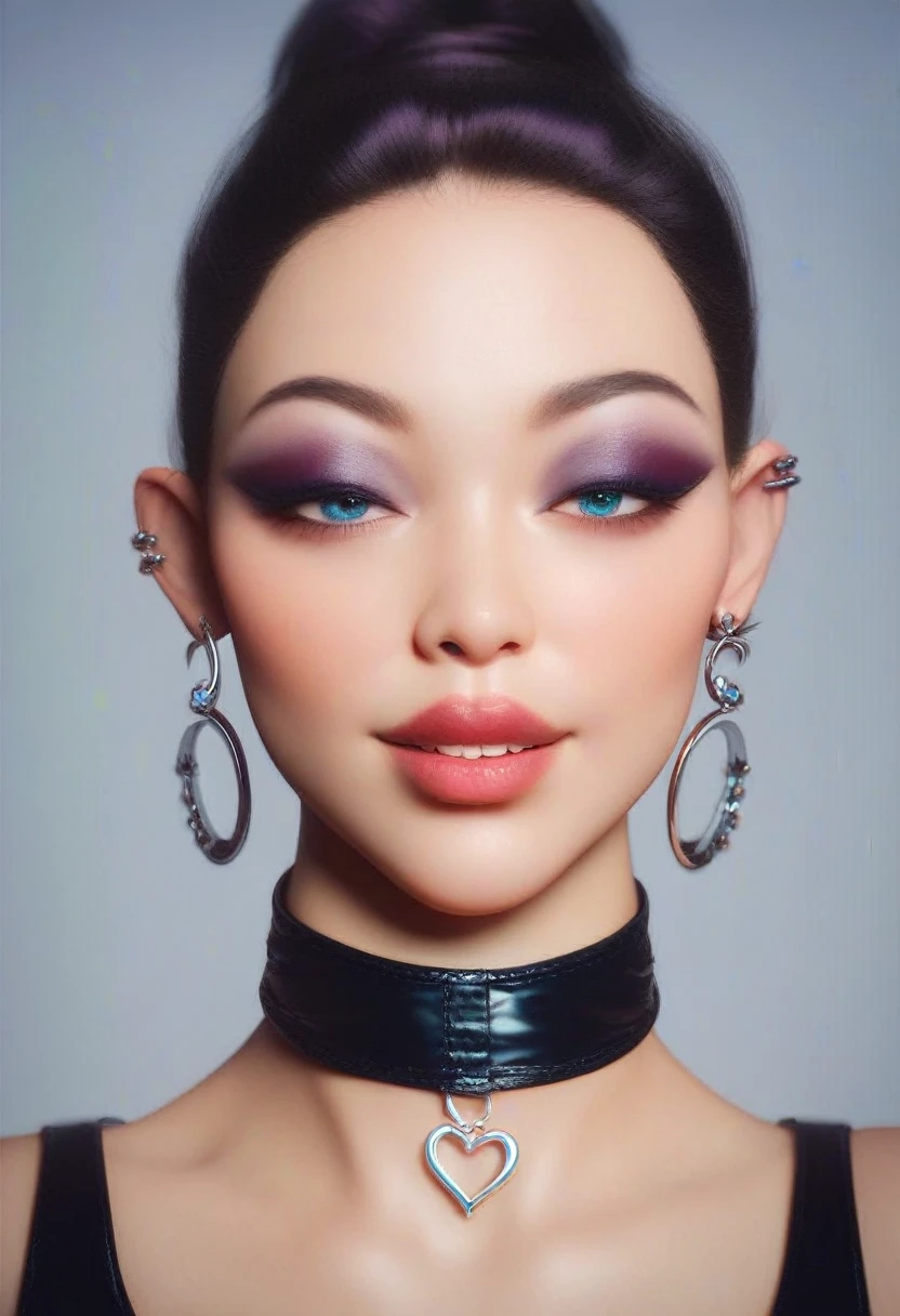 photorealistic portrait of stunning oriental goth woman, long multicoloured hair, platinum with blue and red, bangs, lips parted, seductive, sultry, lustful, choker, long earrings, sexy blouse, silhouetted, light hitting one side of face, the other side in darkness