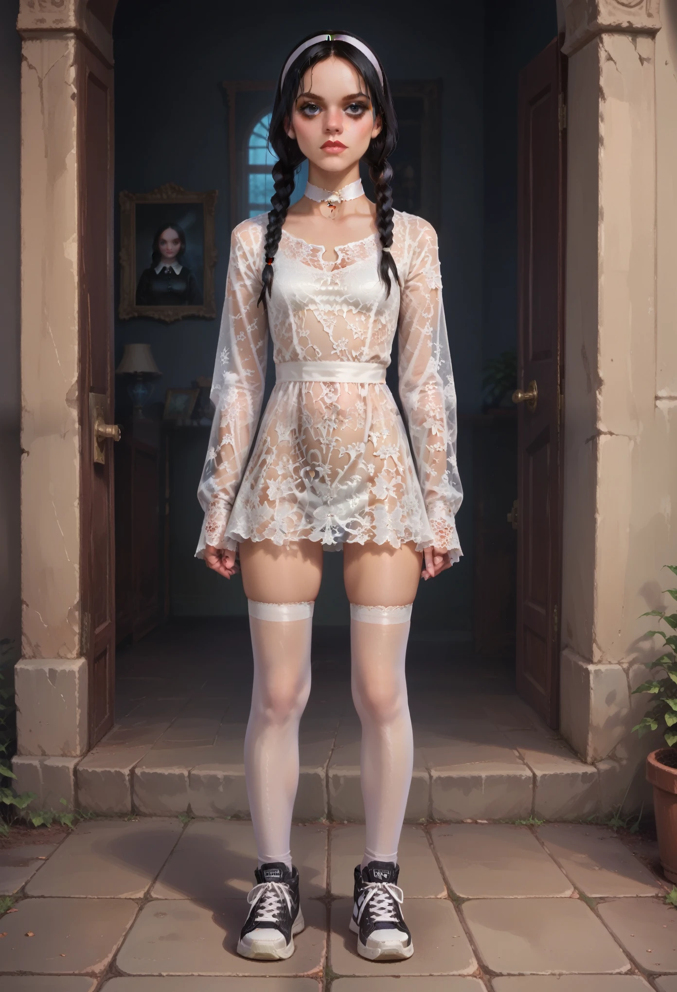 score_9, score_8_up, score_7_up, score_6_up, 8k, high detailed picture, realistic style, masterpiece, very young girl, no panty, perfect absolutely small breasts, big brightness eyes, 16k, masterpiece, realistic style, perfect fingers, AniPnyXLQual, fairykei, pastel colours, multicolour, sneakers, thighhighs, full body shot, hairband, midriff, choker, revealing_clothes, 1girl, Wednesday addams \(The addams family\),(ultra HD quality details), hair in two ponytails, black hair, raven black eyes, beautiful face, pale skin, beautiful face, (negative_v2 Color_Balance_Calibration:0.8), hud_dk_mdress, see-through white loose fit lace mod dress, short dress, baggy clothes, long sleeves