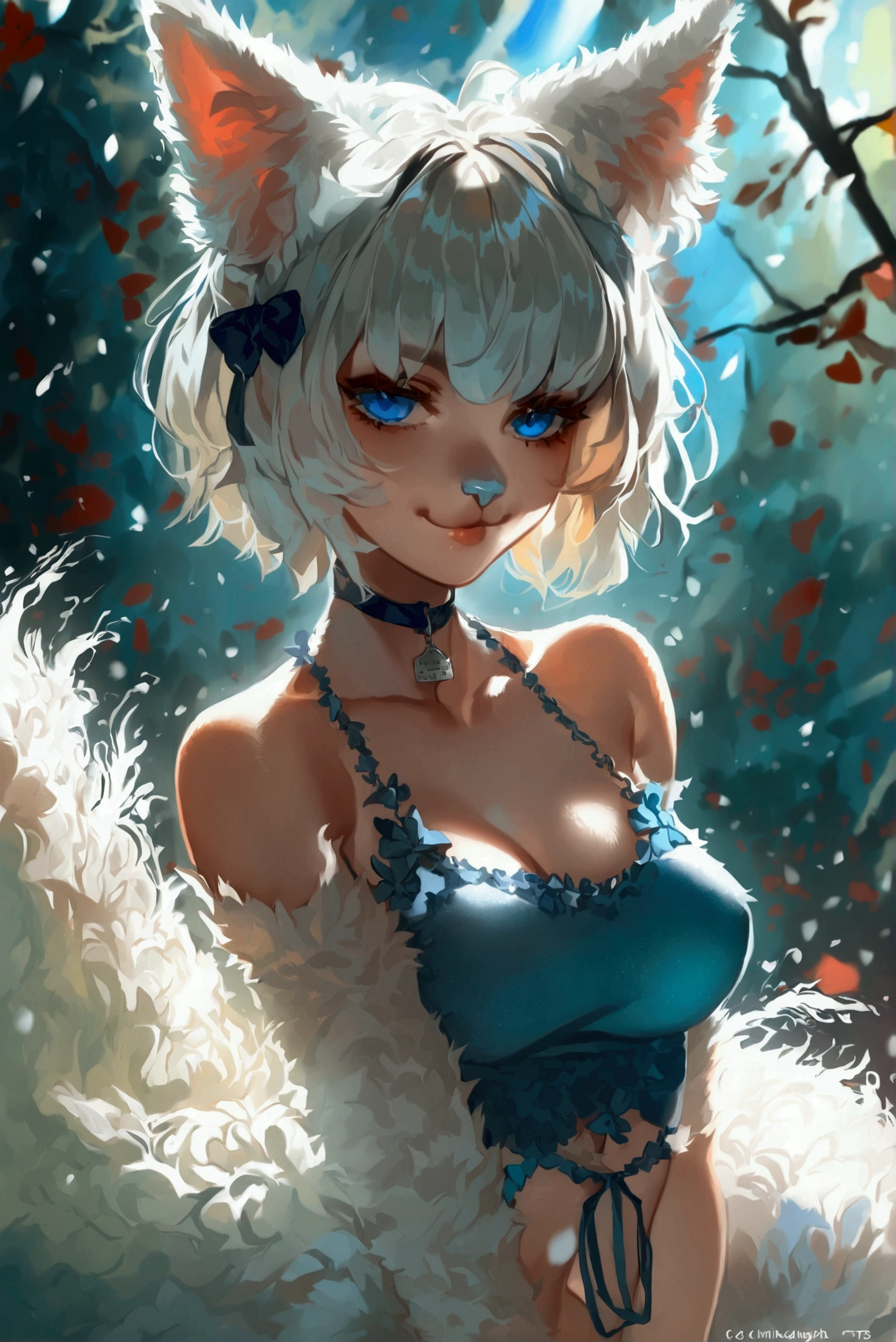 artwork (Highest Quality, 4k, masterpiece, Amazing Details:1.1), (( anthro furry white wolf female)),laying near a lake,medium breast. deep blue eyes, wearing summer dress, (full body:1.3) Shallow Depth of Field, E671, lens 50mm f/2.0, thin eyebrows, wavy short hair with flower hair ornament, (realistic white fur, detailed fur texture:1.2), ((photorealistic) (RAW Photo)), fangs, smile, sitting, paws, key visual, vibrant, studio anime, highly detailed,