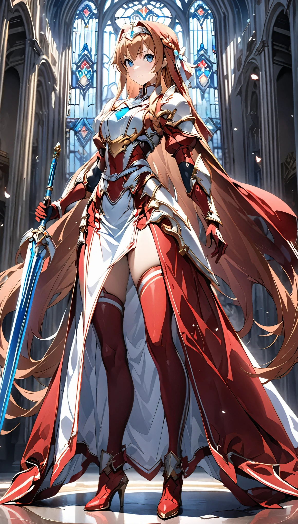 Best Quality、 Unity 8K Wallpaper、32K、masterpiece、 very detailed、 super high resolution、 very detailedな顔,  RAW photos from the last century, professional, Fine painting,　Platinum tiara with red gemstones、(((Red Nun Cape)))、( 20～Female magical warrior, WHITE AND GOLD BREATPLATE  ,  Yuuki as costume ,  Brown Eyes , Brown Hair, Long Hair, bangs, braid
 Yuuki as costume ,  blue eyes, Red and white leotard、(((With side armor and long slits、Red and white gold-embellished tight skirt)))、Puff sleeve with shoulder pad 、 large white ribbon with a large sapphire on her chest、White and red long gloves、White and red thigh-high stiletto boots、whole body、He has a spear with a glowing blue blade