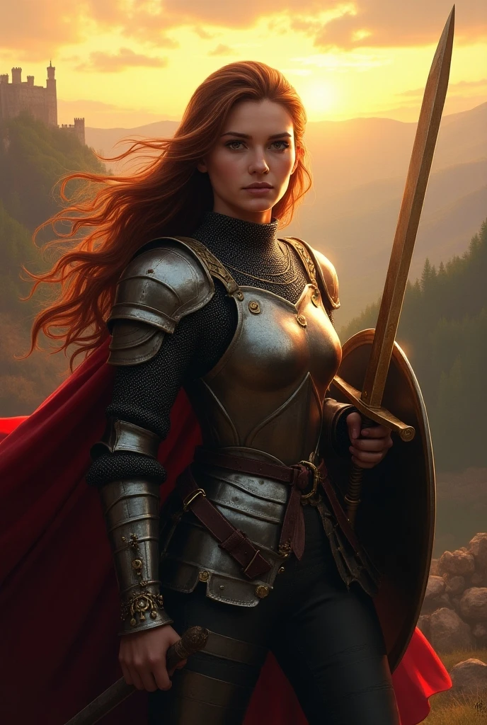 Mulher caucasiana em armadura com espada e escudo em um castelo medieval, cavaleira feminina bonita, bela cavaleira feminina, cavaleira feminina, menina na armadura do cavaleiro, gorgeous female paladin, fantasia paladina mulher, Emma Watson como Cavaleiro, picture of female paladin, Eliseu Cuthbert como um D&D Paladino, female paladin, armadura europeia, cabelos ruivos.