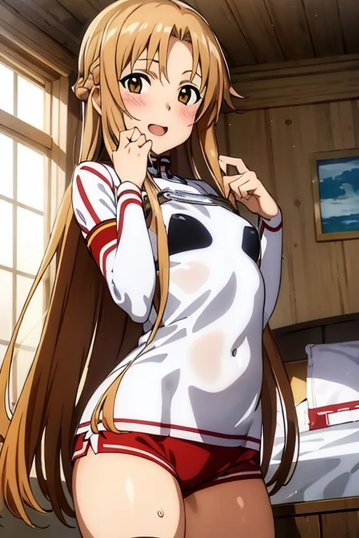 ((Best Quality)), ((masterpiece)), (be familiar with),  perfect face, indoor, bedroom,  watching viewers ,
One woman,  Asuna Yuki,
 characters with open mouth ,  ecstatic expression, blush, smile,
Small breasts,  flat chest, Young girl, Lori,  kids,  girl,
Long Hair,  long hair,
Gym clothes, White short sleeves, Black shorts, Leg spread,