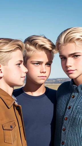 Blonde haired boy with blue eyes and blonde hair in a black leather jacket, straight hair, cute boys, digital art. realistic photo, next gen twins, childish, boy's hair, three futuristic princes, by Mirabello Cavalori, by derek zabrocki, beautiful symmetrical faces, children, by Bernardino Mei, children, by Zahari Zograf,