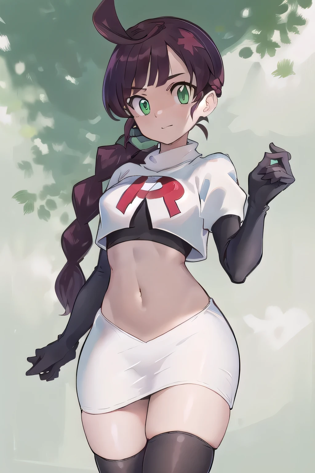 masterpiece, best quality, highres,green eyes,chl1, 1girl, braided_ponytail, (ahoge:1.1), eyelashes, team rocket,team rocket uniform,white skirt,red letter R,crop top,black thigh-highs,black elbow gloves, navel focus, sexy navel