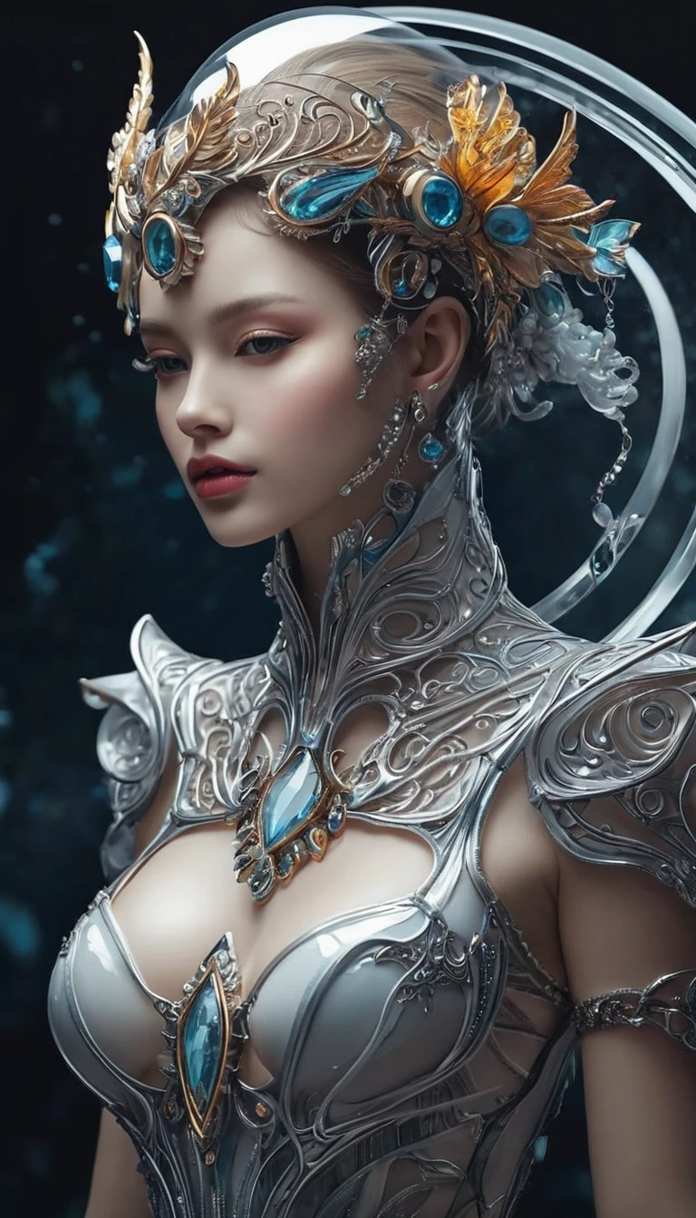 bioMechanical style Ultra detailed illustrations, Phantom Magical Creatures, (Translucent skin: 1.5), (with translucent body: 1.5) Ms. Schiff&#39;s Art, Neon, Light Particles, color, cmyk color, Backlight, Cyberpunk, close up, Mechanical, (whole body: 1.9), Dark background, View from top to bottom. blend of organic and Mechanical elements, Futurism, Cybernetic, detailed, complicated,Selective focusing, Miniature effect, Blurred background, highly detailed, Full of energy, View control,(Rich color:1.6),Crab