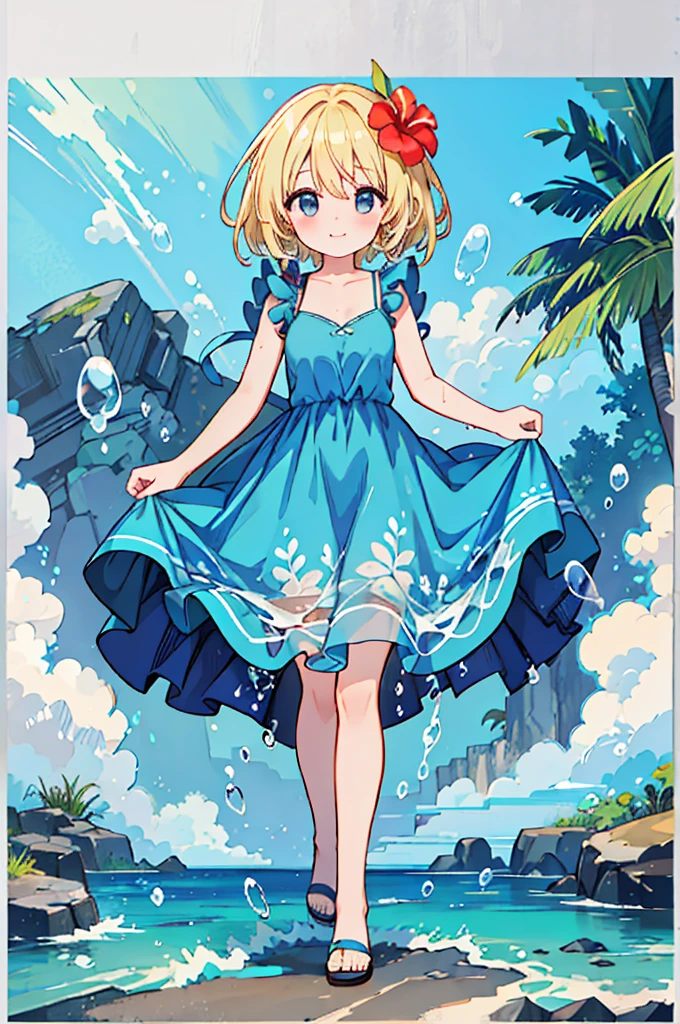 (8k,  super high quality, masterpiece), ( Details),  one woman, cute,  small breasts, blonde, Navy Blue Dress, Red floral pattern, Sandals, Hawaiian Dress, whole body, soaked,  like a , The best smile, sea, sea水浴, Water Drop,  soaked in water up to my chest, Lots of water, 