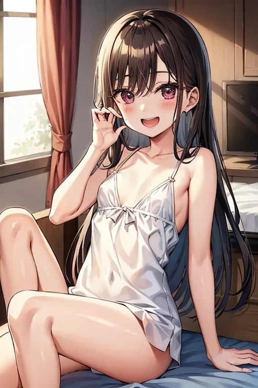 ((Best Quality)), ((masterpiece)), (be familiar with),  perfect face, indoor, bedroom,  watching viewers ,
One woman,  Kitakawa Kaiumi,
 characters with open mouth ,  ecstatic expression, blush, smile,
Small breasts,  flat chest, Young girl, Lori,  s,  girl,
Long Hair,  long hair,
Leg spread,