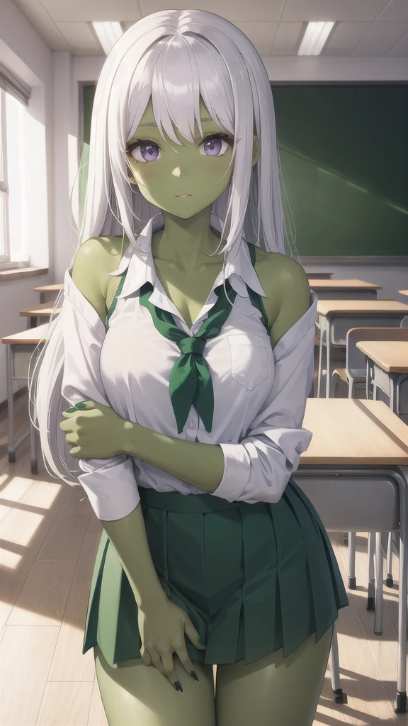 1 Girl, Miss, Mudstone ( tomorrow's ark ), Purple Eyes,  alone , There is only one person， Long hair,  bangs,White hair， to a standing, Mudstonedefclass, HD， best quality，Skin of color，Green Skin，Sharp nails， green nails ，Green Skin，Green Skin，Green Skin，Green Skin，Green Skin，Green Skin，Green Skin，School Uniform，classroom， on the table in the classroom，Lazy