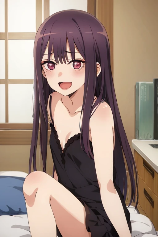 ((Best Quality)), ((masterpiece)), (be familiar with),  perfect face, indoor, bedroom,  watching viewers ,
One woman,  Kitakawa Kaiumi,
 characters with open mouth ,  ecstatic expression, blush, smile,
Small breasts,  flat chest, Young girl, Lori,  s,  girl,
Long Hair,  long hair,
Leg spread,