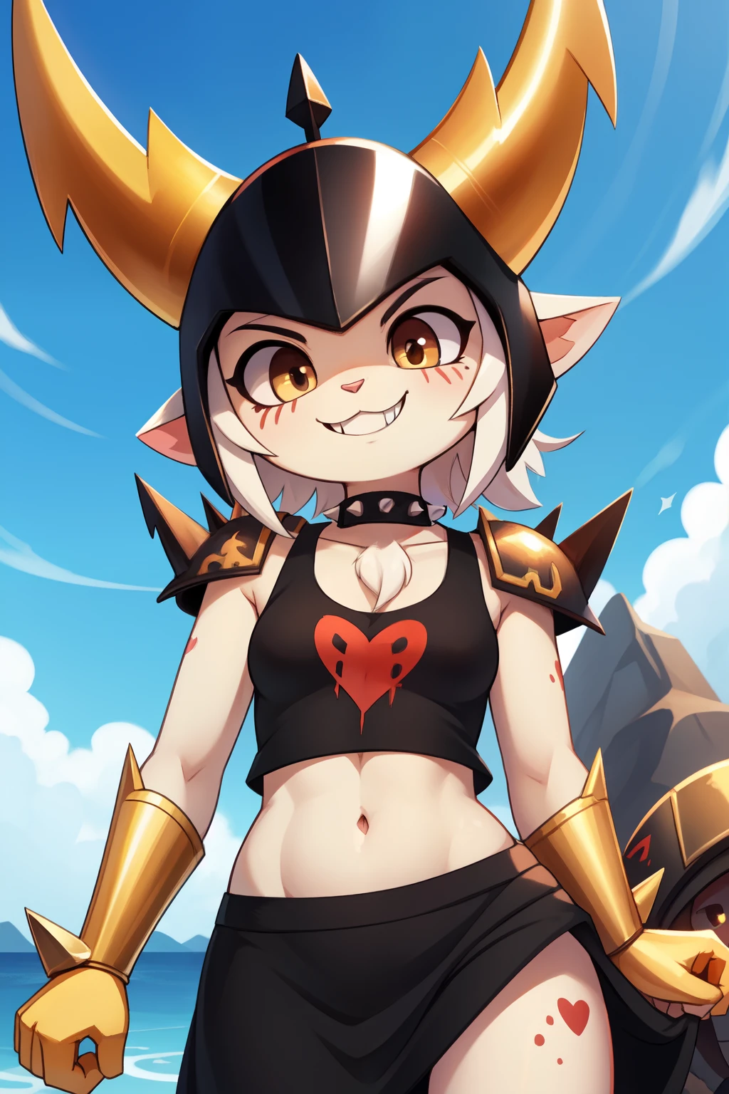 score_9,score_8_up,score_7_up, source_cartoon, source_furry, cat, Furry girl, cat girl, white hair, long messy hair, brown eyes, detailed body fur, ((black helmet with yellow horns, black tank top with red broken heart print, spiked shoulder armor, midriff, long black dress skirt)), small breasts, masterpiece, looking at you, fangs, white body fur, detailed face, big eyebrows, detailed eyes, pink nose, detailed body, detailed body fur, detailed hands, flat body, glistering body, shiny body, skinny, perfect lighting, perfect shadows, perfect eyes, perfect hair, perfect face, gorgeous body, solo, grin, float islands, clear sky, motion blur, DND style, BREAK, 