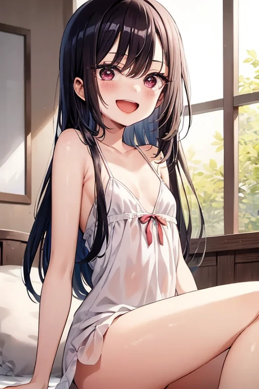 ((Best Quality)), ((masterpiece)), (be familiar with),  perfect face, indoor, bedroom,  watching viewers ,
One woman,  Kitakawa Kaiumi,
 characters with open mouth ,  ecstatic expression, blush, smile,
Small breasts,  flat chest, Young girl, Lori,  s,  girl,
Long Hair,  long hair,
Leg spread,