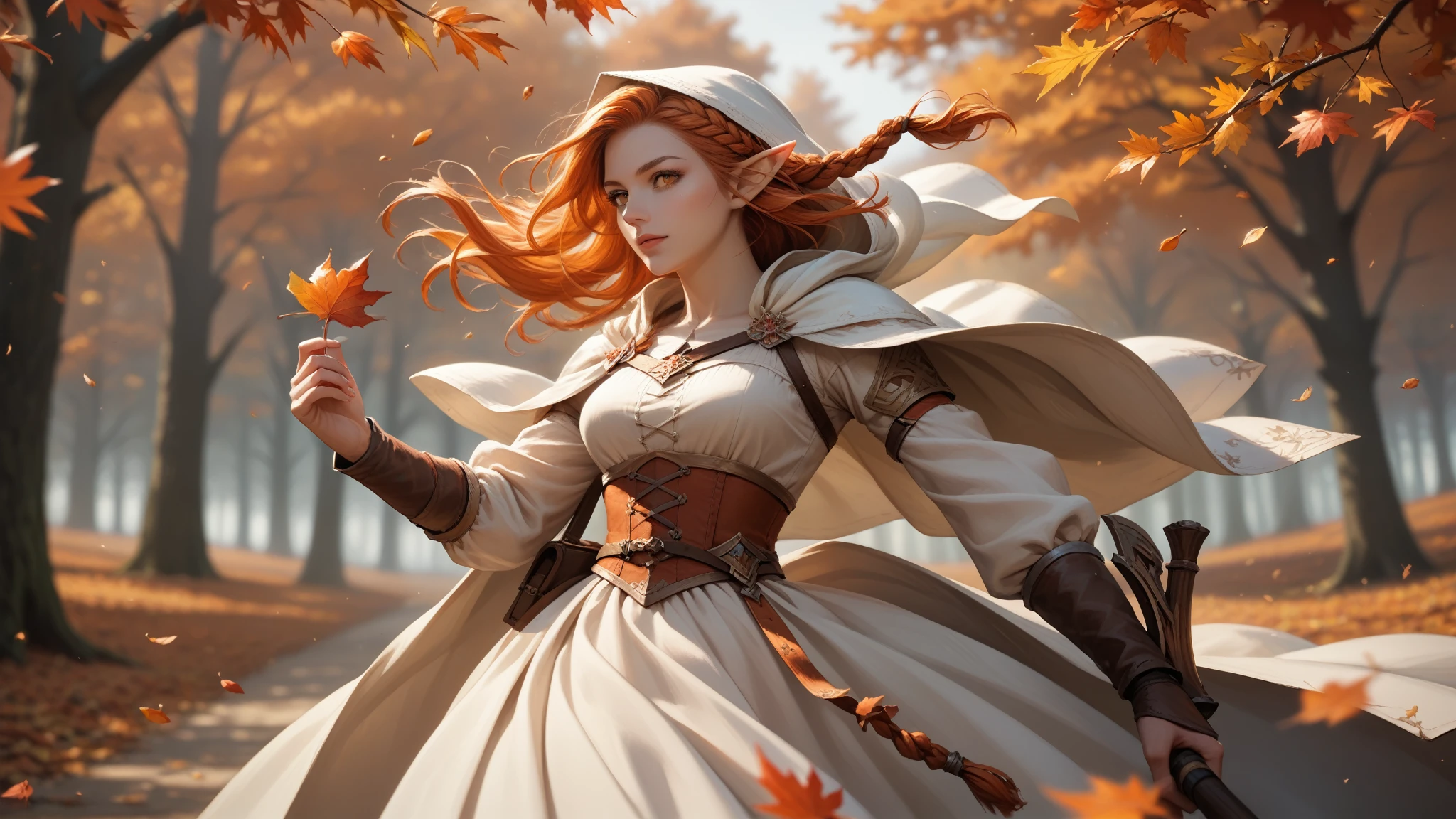 score_9, score_8_up, score_7_up, (masterpiece, UHD, 8K, 16K, ultra detailed), sfw, upperbody shot, 1girl, elf, orange eyes, one side braided hair, ginger hair, holding a red leaf, white dress with hood, intricate details, (murmuring leaves), (wind:1.2), (medieval fantasy), autumn forest background, (depth of field), bokeh, diffused light, dramatic ambient