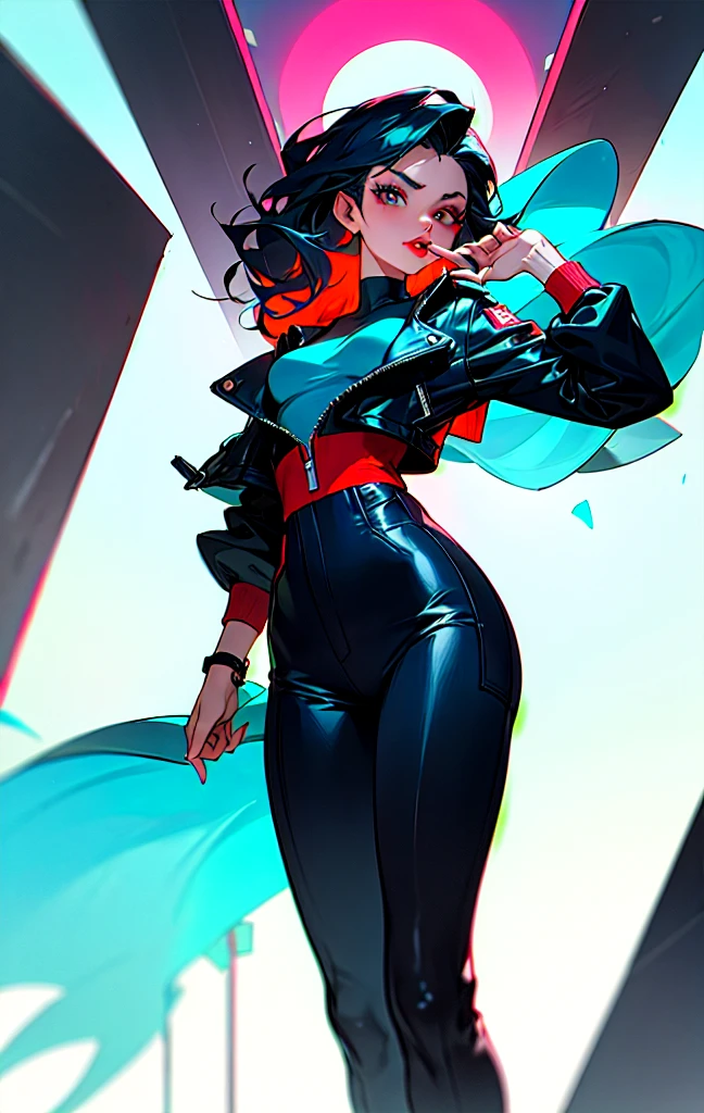 1woman wearing trendy clothes, in an abstract oil painting style, fashion show, The painting is ultra-high detailed and has a resolution of 8k, showcasing the best quality and craftsmanship. The background is colorful, with a touch of fog, creating a mysterious atmosphere.the city that never sleeps、oilcolor Touch,(a woman:1.2), , luminous design, vivit colours,spring lights,Artistic,azure, red (black pantyhose:1.1), black high heels, black short skirt