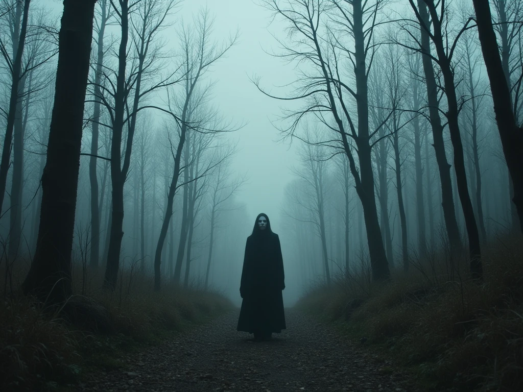 A lone figure in the forest, standing still as a cold wind blows. In the foreground, a with pale skin, drained of life. The surrounding trees are dead and lifeless, their bark stripped away. The air is thick with tension, as if something dark and malevolent is lurking. -ar 16:9"