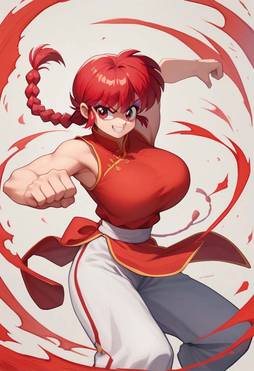 evaluation_safe,evaluation_i doubt it,masterpiece, Best Quality, perfect anatomy ,  is so pretty , Absurd　 1 girl\(Ranma, the main character of أنيمي\(Ranma1/2\),  braided ed Red Hair, red eyes, Red Chinese clothing, smile, Ranma Saotome,  braided , Red Hair, single  braided ,  braided ed ponytail, red eyes,pants, Chinese clothes,  tank top , Kung Fu Pose, purple eyeshadow), huge breasts