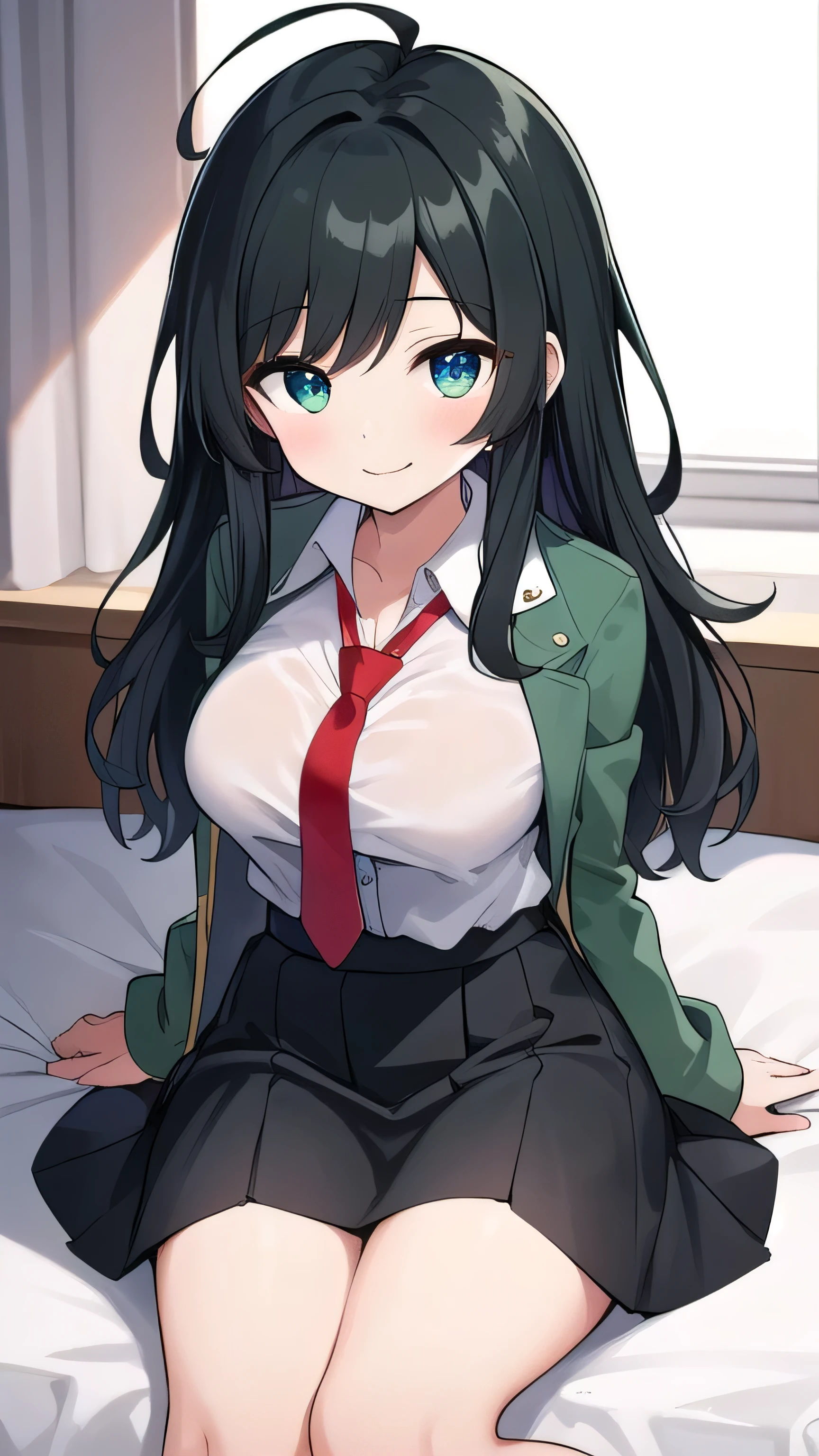 masterpiece, best quality, ultra-detailed, illustration, 1girl, ((looking at viewer)), (cowboy shot), smile, green eyes,long hair,blunt bangs,on bed,
collared shirt,shirt,skirt,small breast,long hair,long White stockings, empowered, beautiful, detailed,
