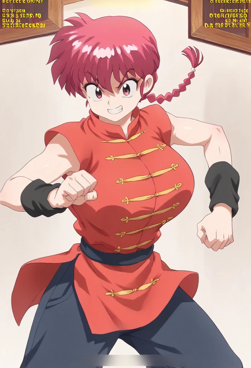 masterpiece, Best Quality, perfect anatomy ,  is so pretty , Absurd　 1 girl\(Ranma, the main character of أنيمي\(Ranma1/2\),  braided ed Red Hair, red eyes, Red Chinese clothing, smile, Ranma Saotome,  braided , Red Hair, single  braided ,  braided ed ponytail, red eyes,pants, Chinese clothes,  tank top , Kung Fu Pose, purple eyeshadow), huge breasts