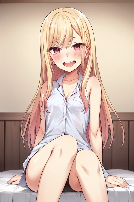 ((Best Quality)), ((masterpiece)), (be familiar with),  perfect face, indoor, bedroom,  watching viewers ,
One woman,  Kitakawa Kaiumi,
 characters with open mouth ,  ecstatic expression, blush, smile,
Small breasts,  flat chest, Young girl, Lori,  s,  girl,
Long Hair,  long hair,
Leg spread,