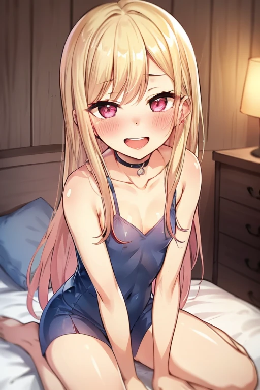 ((Best Quality)), ((masterpiece)), (be familiar with),  perfect face, indoor, bedroom,  watching viewers ,
One woman,  Kitakawa Kaiumi,
 characters with open mouth ,  ecstatic expression, blush, smile,
Small breasts,  flat chest, Young girl, Lori,  s,  girl,
Long Hair,  long hair,
Leg spread,