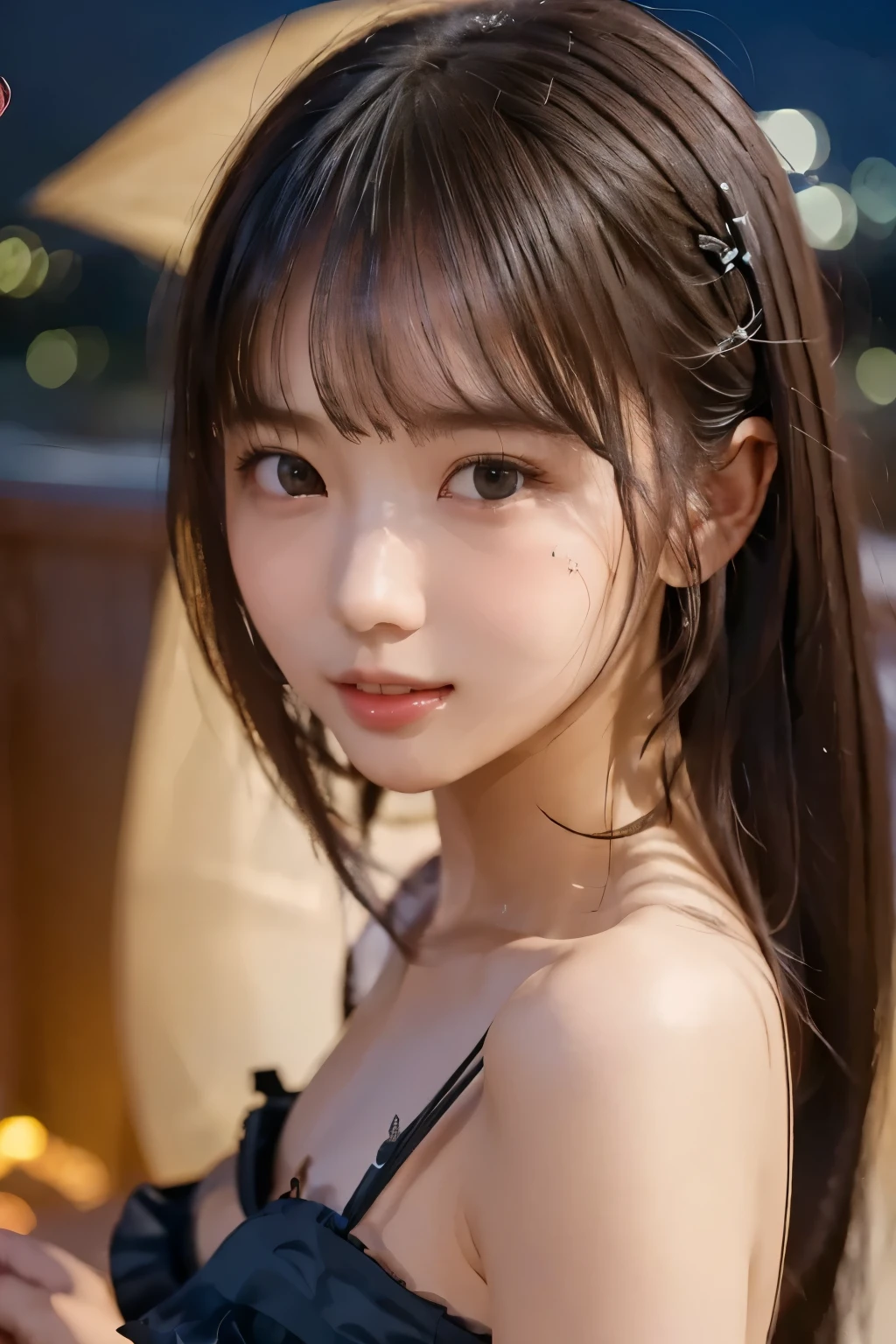 (Foreground and background emphasis composition)、(shadow:1.3)、(masterpiece、Best Quality、 Super detailed description、 super high resolution)、(Face Shot)、 girl、solo、slim、 slender、cute、 idol face、( hair fluttering like the wind:1.4)、(Night view:1.3)、rooftop、Idol