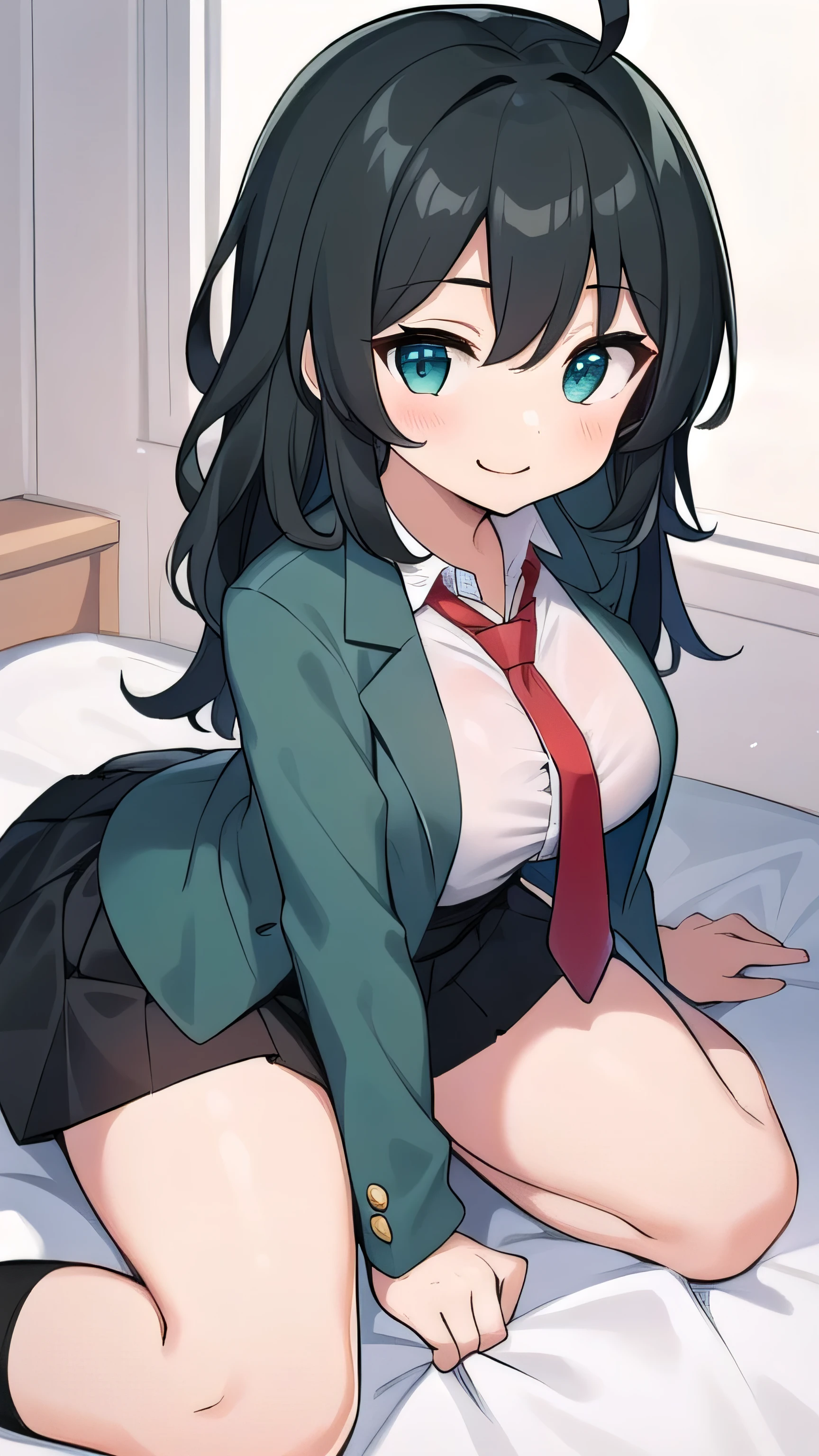 ************************** who looks like an *************************, , very short, 140 cm tall, black hair with a slight green tinge, short ahoge, beautiful long hair but with a little hair sticking out, beautiful round eyes, blue eyes, smile, boyish, long sleeves, Thick clothes, skirt, big breasts, hair longer than waist, long hair, ish face, gentle smile, a little shy, black skirt, black hair with a slight green tinge, boyish, gentle smile, jacket one size larger, ( Deep greenish black hair: 1.3), dark green jacket, white shirt, (red tie:1.5), black skirt sexy breast lay down bed open jackets cute