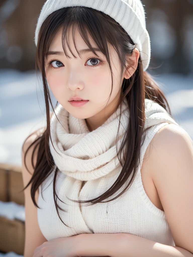  famous Japanese idol ,  white sweater, White knit hat, White scarf,  sleeveless sweater, Sleeveless, Long brown hair, With bangs, Fair and beautiful skin, Very cute  girl ,  baby face ,round face,Big droopy eyes,Drooping eyebrows, slender,マイナス5℃のExtreme coldのスキーゲレンデ,Gravure photoshoot,Extreme cold,Bare Arms,Goosebumps on arms , I have goose bumps on my arms exposed in so cold, masterpiece,  Ultra HD,Ultra high resolution anatomically correct, 16k, RAW Photos, realistic skin texture,The focus is on ,  professional photos