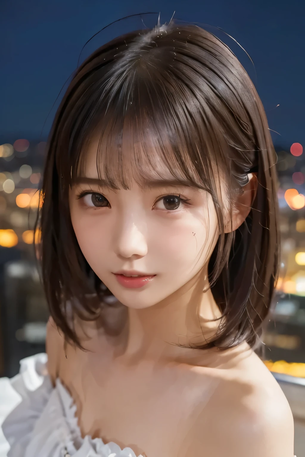 (Foreground and background emphasis composition)、(Low Contrast:1.3)、(masterpiece、Best Quality、 Super detailed description、 super high resolution)、(Face Shot)、 girl、solo、slim、 slender、cute、 idol face、( hair fluttering like the wind:1.4)、(Night view:1.3)、rooftop、Idol