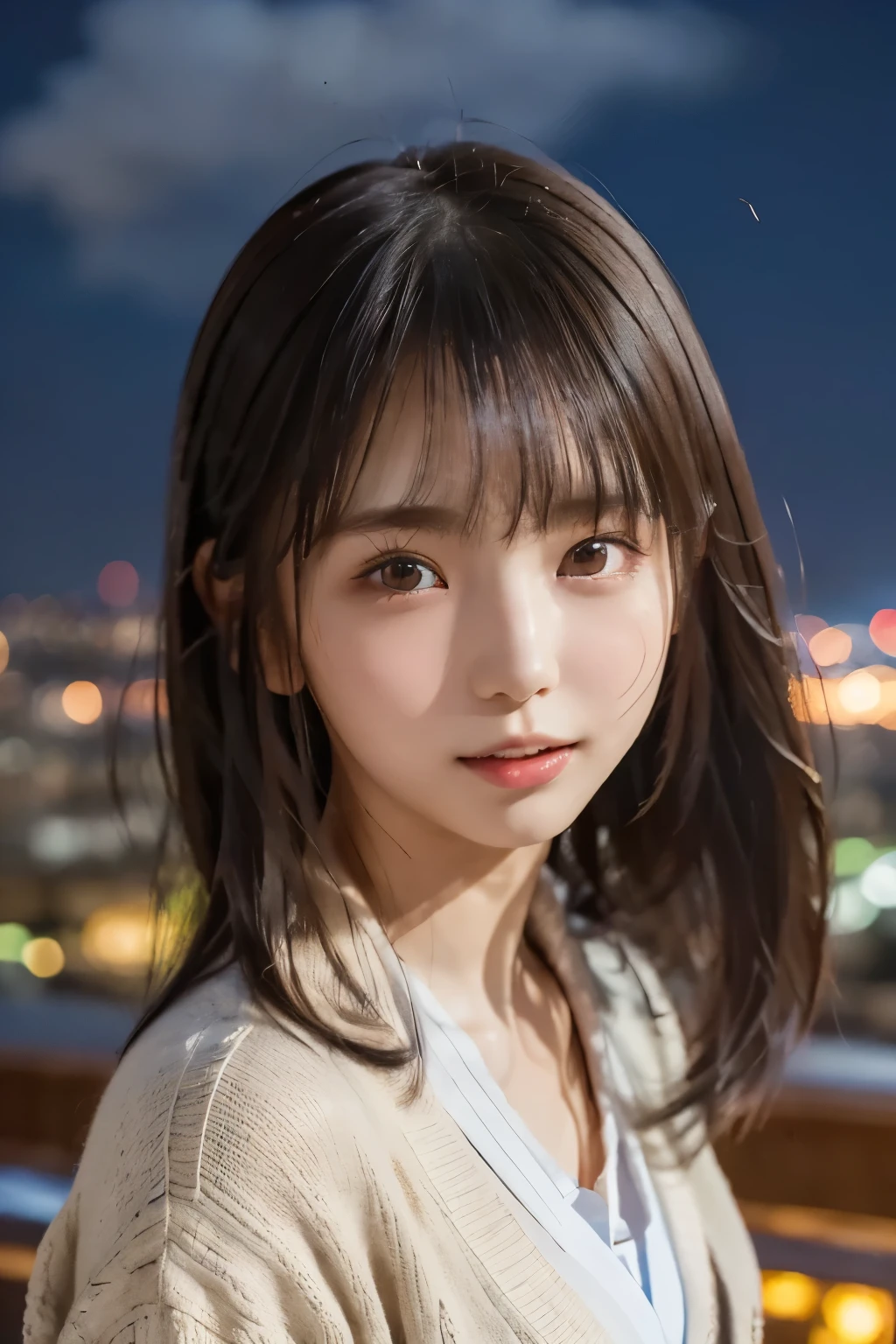 (Foreground and background emphasis composition)、(shadow:1.3)、(masterpiece、Best Quality、 Super detailed description、 super high resolution)、(Face Shot)、 girl、solo、slim、 slender、cute、 idol face、( hair fluttering like the wind:1.4)、(Night view:1.3)、rooftop、Cardigan