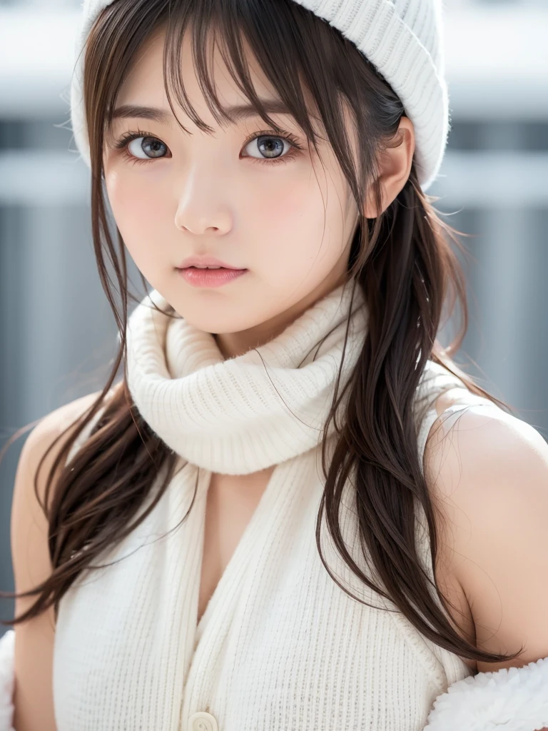  famous Japanese idol ,  white sweater, White knit hat, White scarf,  sleeveless sweater, Sleeveless, Long brown hair, With bangs, Fair and beautiful skin, Very cute  girl ,  baby face ,round face,Big droopy eyes,Drooping eyebrows, slender,マイナス5℃のExtreme coldのスキーゲレンデ,Gravure photoshoot,Extreme cold,Bare Arms,Goosebumps on arms , I have goose bumps on my arms exposed in so cold, masterpiece,  Ultra HD,Ultra high resolution anatomically correct, 16k, RAW Photos, realistic skin texture,The focus is on ,  professional photos