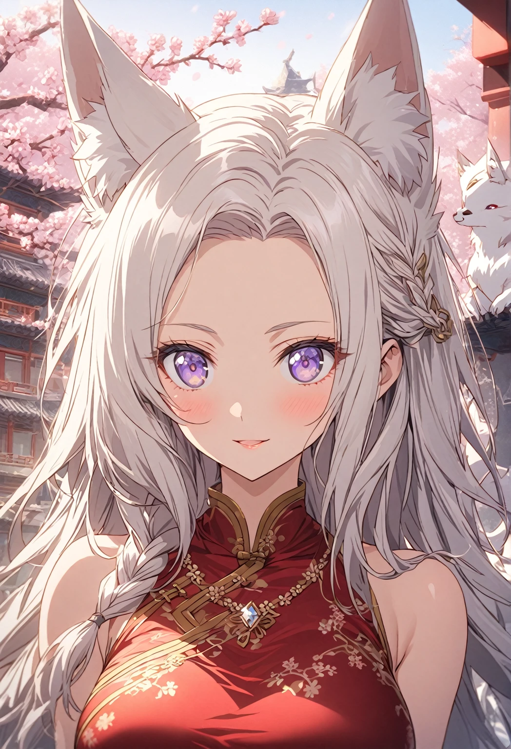 ((Portrait)) ((POV: Close Camera)) ((Motherly expression)) ((Alone)) Create an anime-style image of Aiko, an elegant fox girl with a graceful aura. She has long, white hair styled in a side braid, soft, fluffy fox ears, and light purple eyes that radiate warmth and kindness. Her expression is gentle and slightly mischievous, conveying both confidence and a caring nature. She is dressed in a fitted Cheongsam outfit that accentuate her figure. She wears a delicate thin simple diamond necklace. Emphasise her graceful figure, big breasts, and mature demeanour, highlighting her caring, protective nature alongside a hint of playful mischief. Scene in Chinese castle, Sakura tree, Empire. Use a depth-of-field effect to keep Aiko in sharp focus.