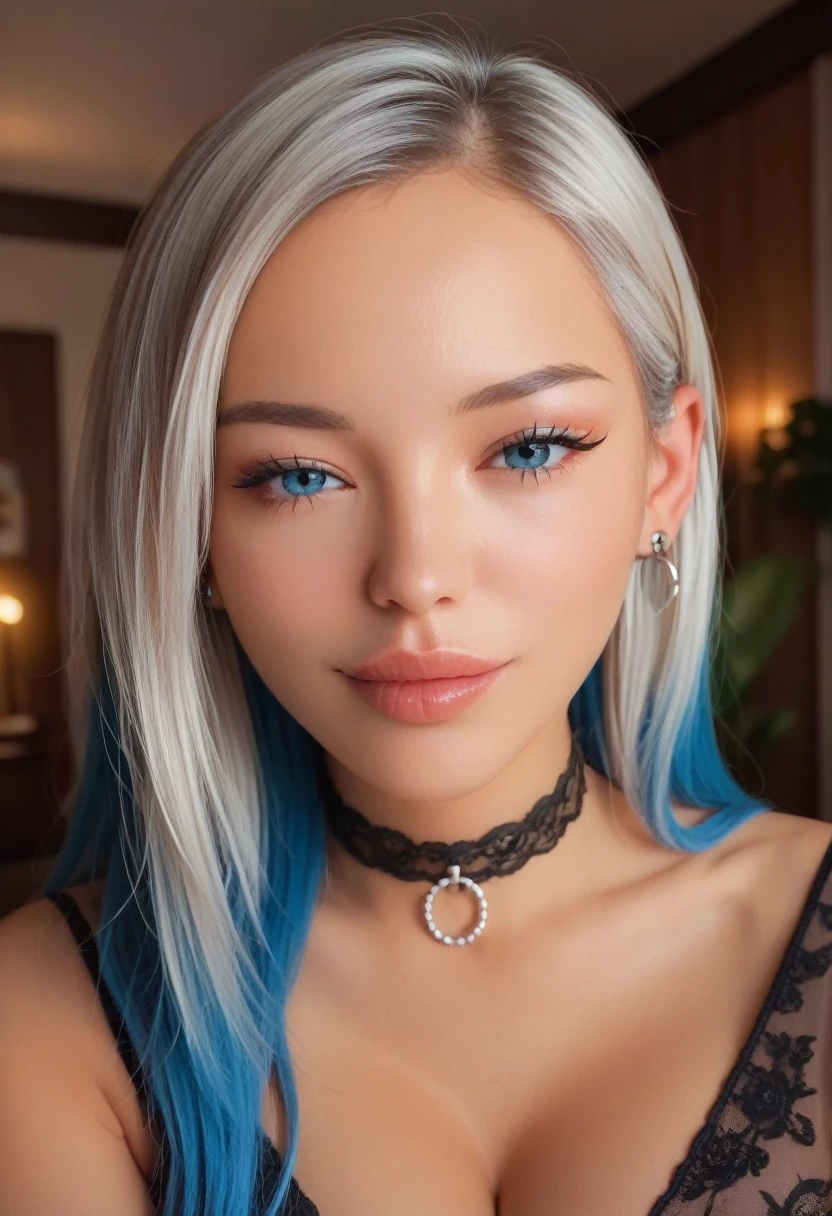 photorealistic portrait of stunning oriental goth woman, long multicoloured hair, platinum with blue and red, bangs, lips parted, seductive, sultry, lustful, choker, long earrings, sexy blouse, silhouetted, light hitting one side of face, the other side in darkness