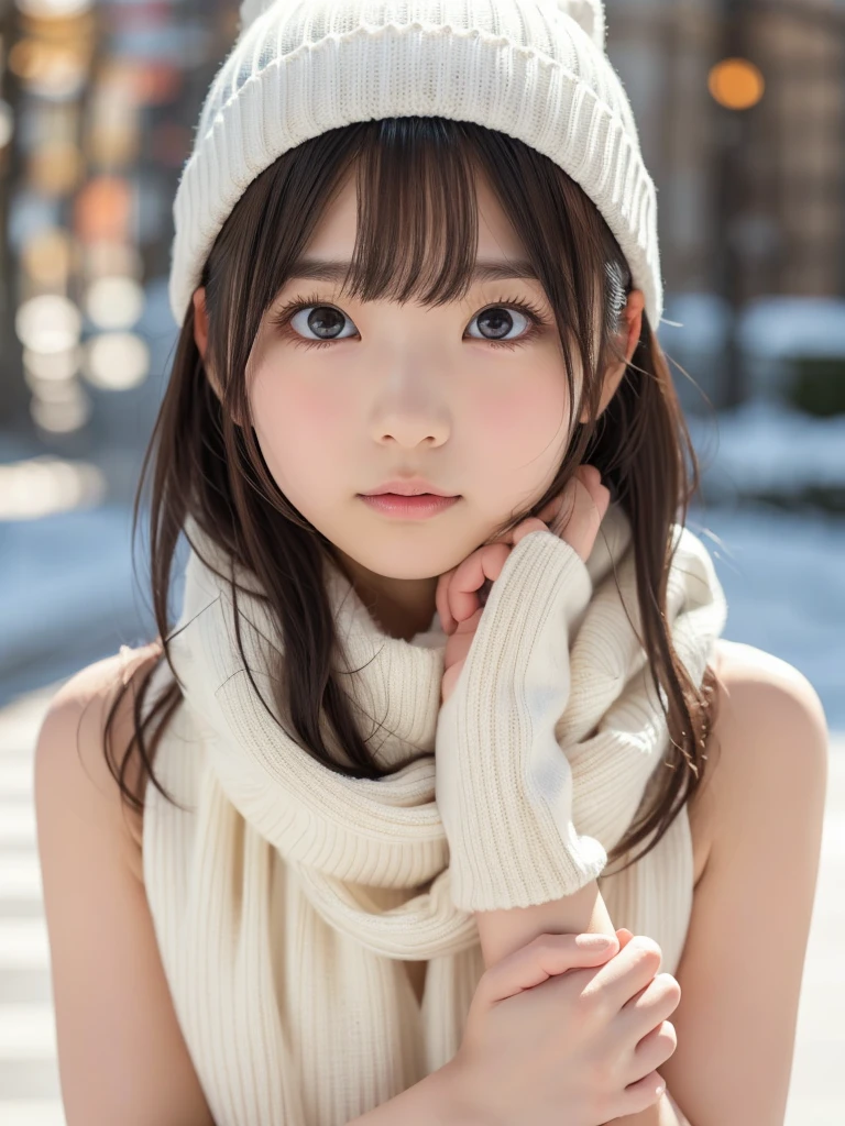  famous Japanese idol ,  white sweater, White knit hat, White scarf,  sleeveless sweater, Sleeveless, Long brown hair, With bangs, Fair and beautiful skin, Very   girl ,  bund face,Big droopy eyes,Drooping eyebrows, slender,マイナス5℃のExtreme coldのスキーゲレンデ,Gravure photoshoot,Extreme cold,Bare Arms,Goosebumps on arms , I have goose bumps on my arms exposed in so cold, masterpiece,  Ultra HD,Ultra high resolution anatomically correct, 16k, RAW Photos, realistic skin texture,The focus is on ,  professional photos