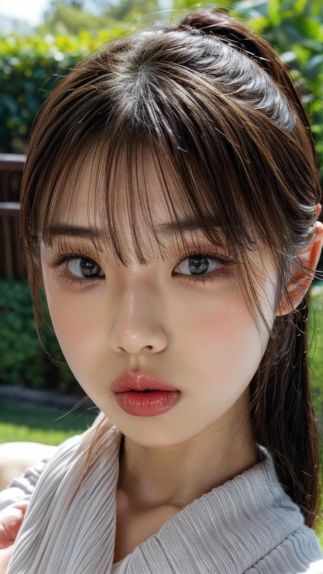  liquid applied to the face ,  highly viscous liquid , Liquid on face,  ponytail,  off-shoulder cardigan, throw, Bewitching Lips ,  lip gloss, Seductive lips, 艶やかな lip gloss,  serum applied too much to the face , Cloudy serum ,  serum applied to face , Cloudy serum ,  serum on face , Realisticで詳細な美容液,  highly viscous serum , (( eyes staring at viewers)), Strong eyesight , Sharp Eyes, High concentration ,  Make-Up Eyes , Iris, Natural tear troughs, Small nose,Beautiful nose, Best Quality, 最High image quality, Realistic, ( High image quality:1.2), Lips close up, Focus on the lips, (  on the face 1 .3 ),Kissing Face, ( stick out your lips  ),  ponytail