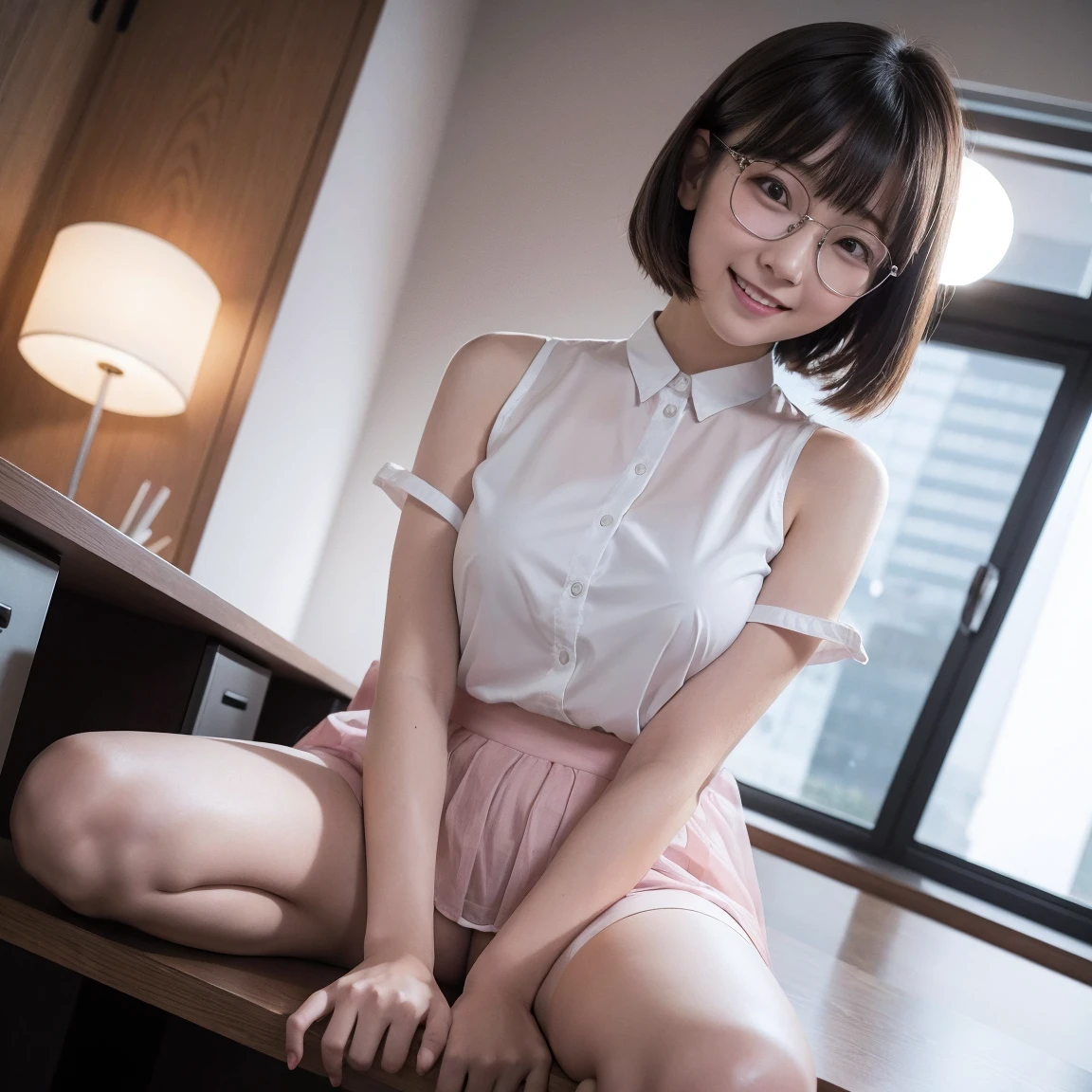 photograph、 High Quality、（ one woman、I'm wearing round glasses、height:low、Body:Very thin、Young face、smile、blackい髪:Extends to the shoulders、Unvoluminous breasts）、（clothing: transparent 、 shirt :Light pink、 long skirt:transparent）、(underwear:Wakakusa color)、（ stockings :black））、 in a high-rise office at night、Peeking from below、Sit on a desk and spread your legs