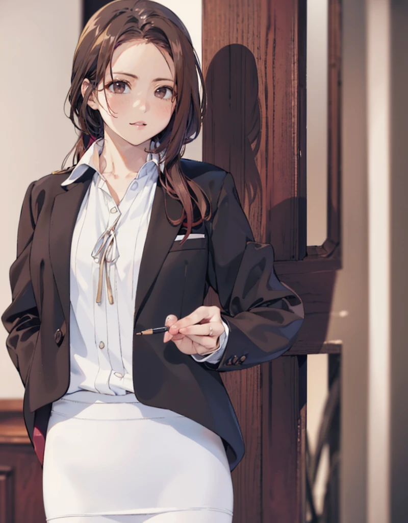 ((best quality, masterpiece, stoic:1.4)), ((A 20-year-old highest level of sophistication woman:1.4)), ((anime style:1.4)), ((detailed brown eyes:1.4)), ((pointy small breasts:1.2)), slender legs, BREAK((dark burgundy hair:1.4)), parted bangs low ponytail, healthier skin, ((slender body:1.2)), (((Office Style、business suit、Black jacket、White open shirt、Black knee-length pencil skirt)))))), ((pubic hair:1.5)), ((cowboy shot:1.4)), standing, ((nsfw:1.4)), facing camera, ((This was the best shot at that time:1.4))