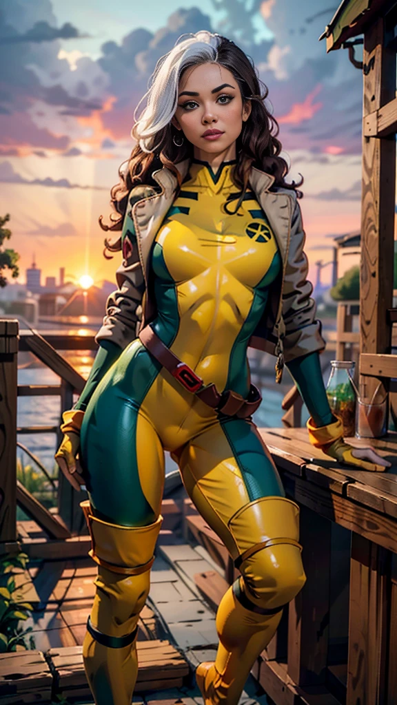 Emily Bett Rickards、Wet、full body figure, long hair, brown hair, green eyes, lipstick, compensate, lips,Emphasize cleavage、 sexy、White stripes in hair, like, wavy hair, messy hair, curly hair, middle～big breasts, Surface Plot, ((Kelli Berglund:Bailee Madison:0.5)), 黄colorのスーツ, Jacket, gloves, belt, gloves amarillos, Green Suit, (body suit:1.4), Traje multicolor, (superhero:1.4), tight skin, Ropa multicolor, Garden and wisteria background, official art, extremely detailed CG 8k wallpaper, perfect lighting, De color, bright_amount_method_light, piel bright, (masterpiece:1.0), (Better_quality:1.0), ultra high resolution, 4k , Super detailed, director of photography, 8k, HDR, Altas Resolightones, (disorganized:1.2), kodak portrait 400, film grain, blurred background, (Bokeh:1.2), Lens flare, (lively_color:1.2), professional photography, (beautiful_method:1.5),More detailed 8K.unreal engine:1.4,Hmm,La Better calidad:1.4, realistic:1.4, skin temperature:1.4, masterpiece:1.8,masterpiece, Better calidad,object object], (detailed facial features:1.3),(Antesedentes apocalyptic destroyed city:1.4), (Apocalyptic Sunset:1.4)