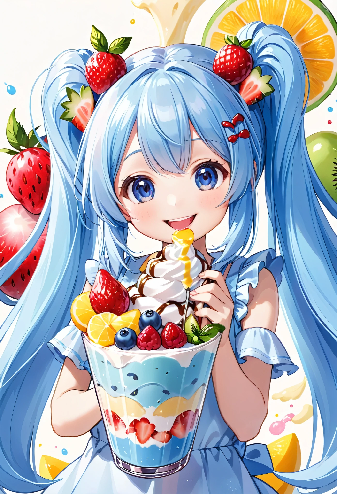 A chibi character biting into a shaved ice bigger than herself, long light blue hair, twin tails, and a bright smile.