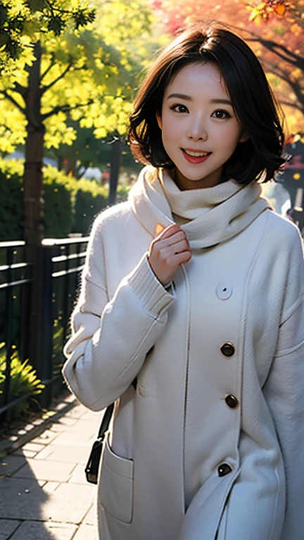  a 40-year-old housewife walking in the park 、 random hairstyles、 Random Winter Casual Outfits 、 cowboy shot 、Winter Sunny Park 、Beautiful sunlight filtering through the trees、 She's Shining Like a Fantasy Ghost、Big smile、