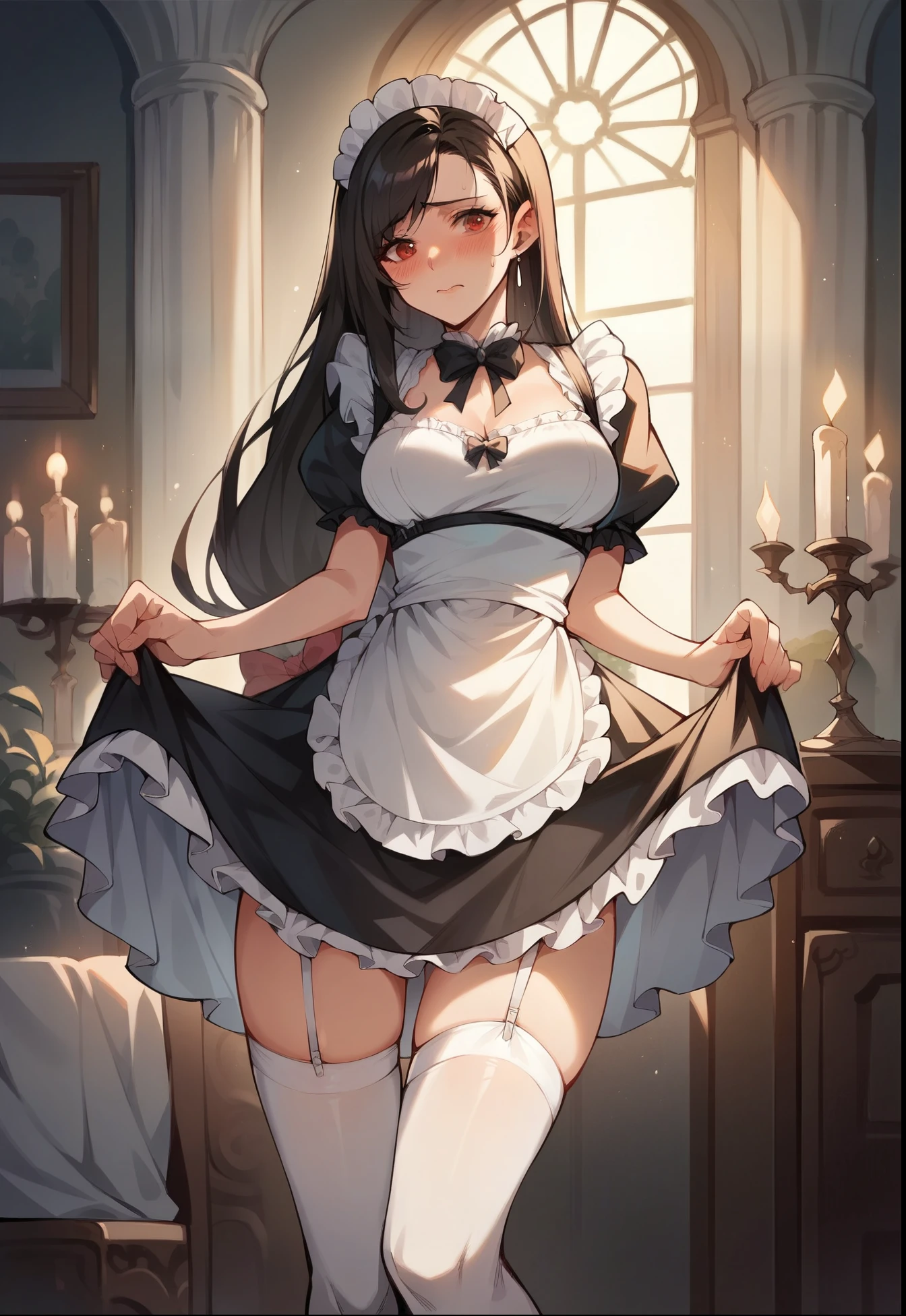 (masterpiece), (Best Quality), (ultra-detail),(disheveled hair),(Illustration), (1 cute girl), (Fashionable clothing), Standing, Fashion Model, Looking at Viewer, (interview), (vip room),Beautiful detailed eyes, Delicate beautiful face, Smile, (Shining), Focus on Face, Ponytail, (blond), Bangs, (hairaccessories), (delicate and beautiful very see-through maid dress and mini skirt :1.4), The best lighting, Best Shadow, (Stand nipple:1.4), (Delicate and beautiful embroidered lace panties show through:1.3), cleavage, (upskirt, from below:1.4)
