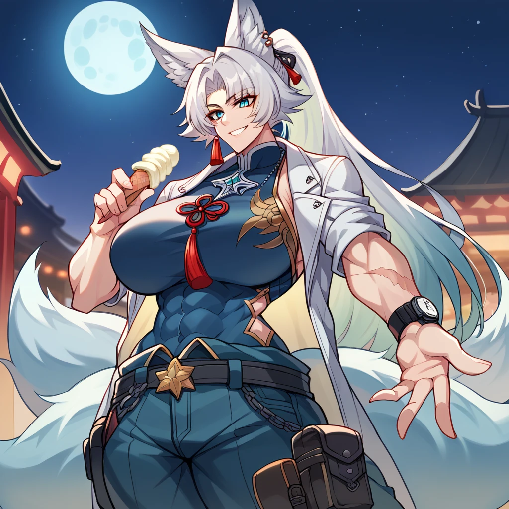 Large biceps, ((huge natural breasts)), (FeixiaoDefault, animal ears, long hair, ponytail, dress, gradient hair, white hair, blue eyes, forehead jewel, ear piercing,military white coat, a military tanktop,pants, red tassel, tassel earring,((animal ears,fox ears,gradient kitsune tail)), solo, holster on the hips,,((night japanese festival)),female abs,muscular, (eight abs pack),((smiling)),((scar on body)),((holding an ice cream)),((eight kitsune tails)),((watch on wrist)),((nighttime)),one hand reaching out towards the viewer,((night star sky)),moon