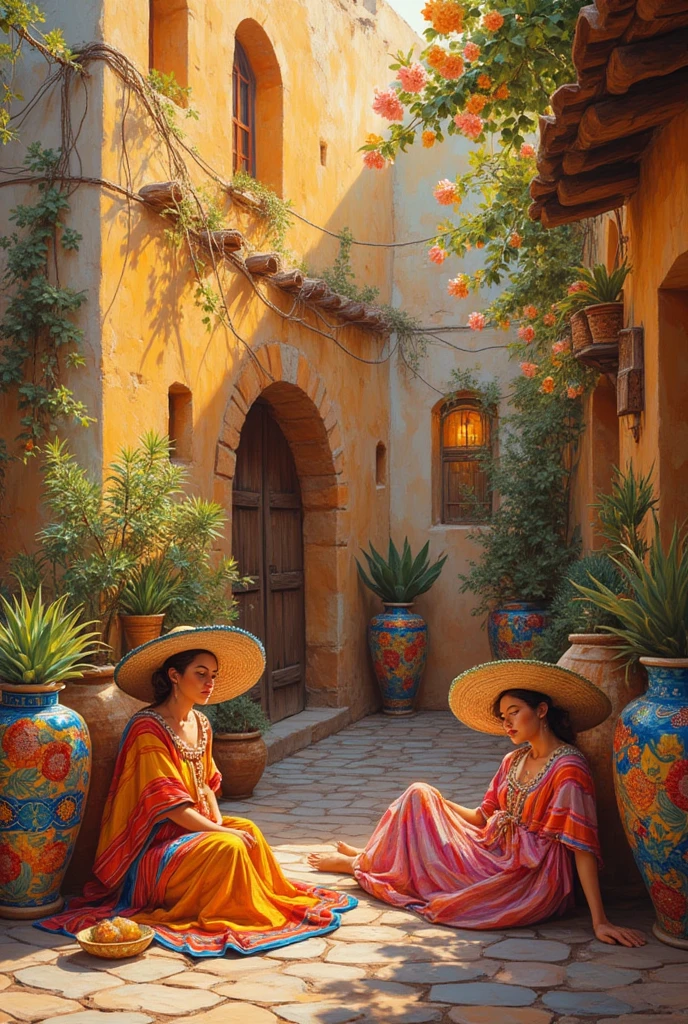 In a courtyard adorned with tiled vases painted with succulents with the grey stone floor , a lush jasmine climbs along the white lime wall of a low humble house. There are two women sitting on the floor siesta, wearing huge sombreros to shelter from the scorching sun and only a short wool poncho with red and white stripes. The atmosphere is dense and wrapped in an orange fog. 