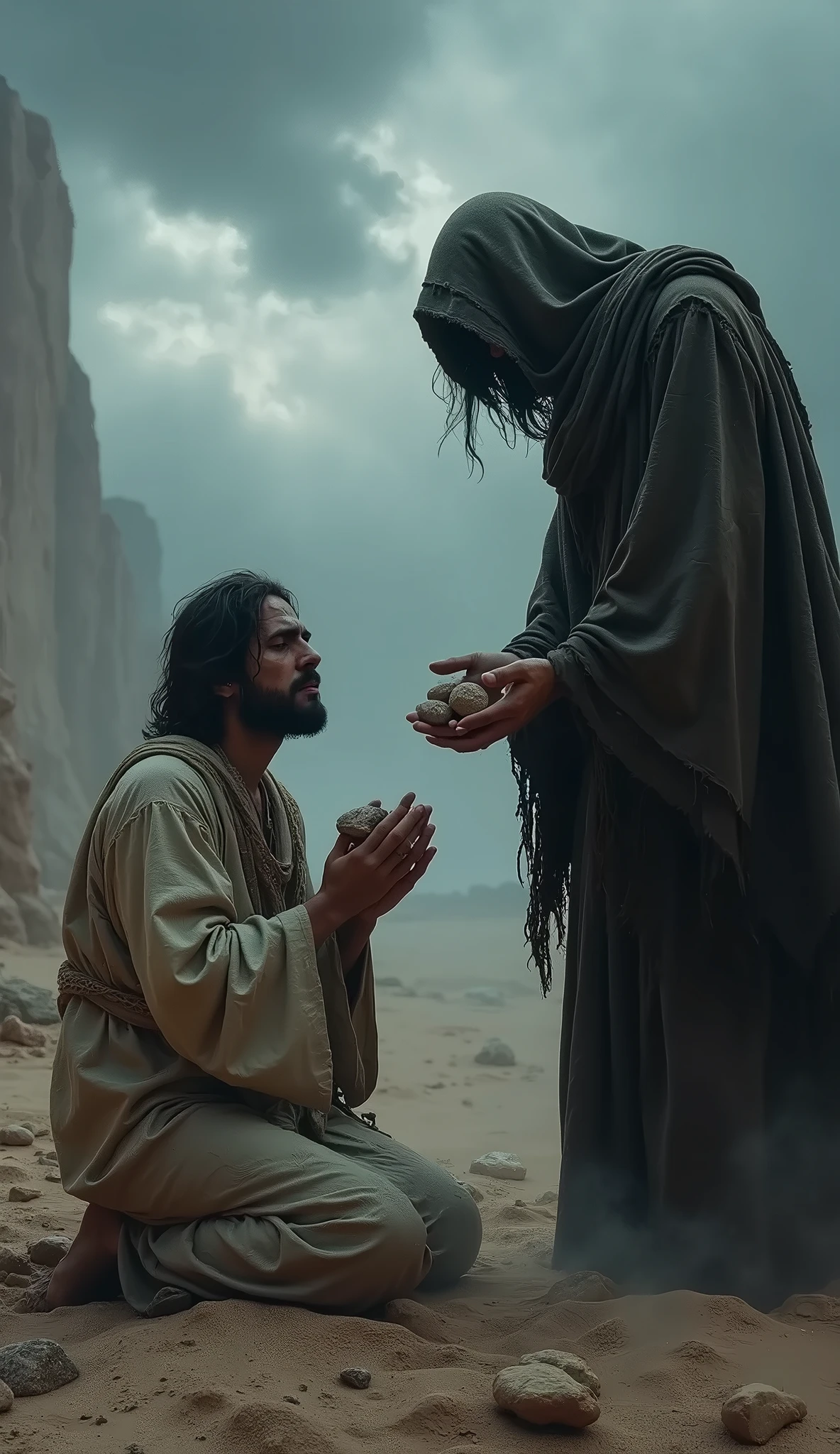 Generate an image of Jesus Christ standing in a desert landscape. He is wearing a simple white robe and has long flowing hair and beard. He is looking down at a leper who is kneeling before him. The leper is covered in sores and is begging Jesus to heal him. Jesus reaches out his right hand towards the leper and smiles compassionately. The leper's face is filled with hope and gratitude. The sky is blue and the sun is shining. There is a sense of peace and love in the image.
Here are some additional details that you can include in the prompt to make the image more realistic and evocative:
The leper should be a man of Middle Eastern descent.
He should be wearing rags and his skin should be covered in sores.
He should be kneeling on the ground with his hands clasped together in prayer.
Jesus should be standing over him with his right hand outstretched.
His face should be filled with compassion and love.
The background should be a desert landscape with a few palm trees.
The sky should be blue and the sun should be shining.
