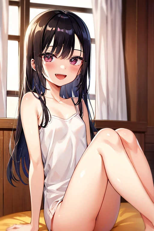 ((Best Quality)), ((masterpiece)), (be familiar with),  perfect face, indoor, bedroom,  watching viewers ,
One woman,  Kitakawa Kaiumi,
 characters with open mouth ,  ecstatic expression, blush, smile,
Small breasts,  flat chest, Young girl, Lori,  s,  girl,
Long Hair,  long hair,
Leg spread,