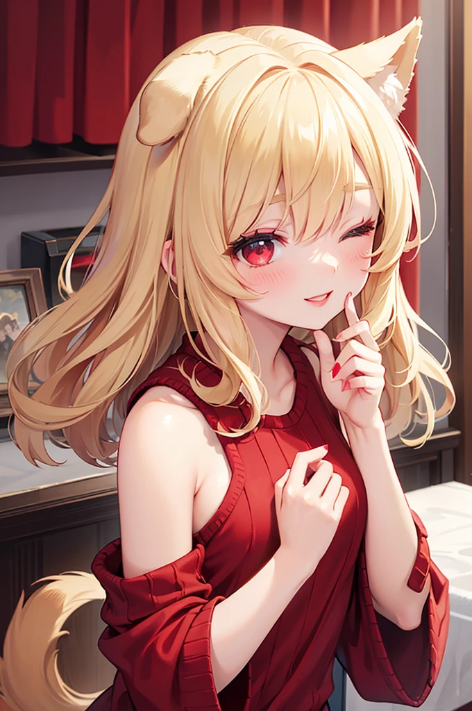 red open-chest sweater,masterpiece, Best Quality,  high resolution on down, eyelashes,  perfect face,  perfect eyes, red lips, one eye closed,Small breasts,  medium cut hair ,Curly Hair, blonde hair ,Red eyes,Dog ears,blush,Sexy eyes、smile,