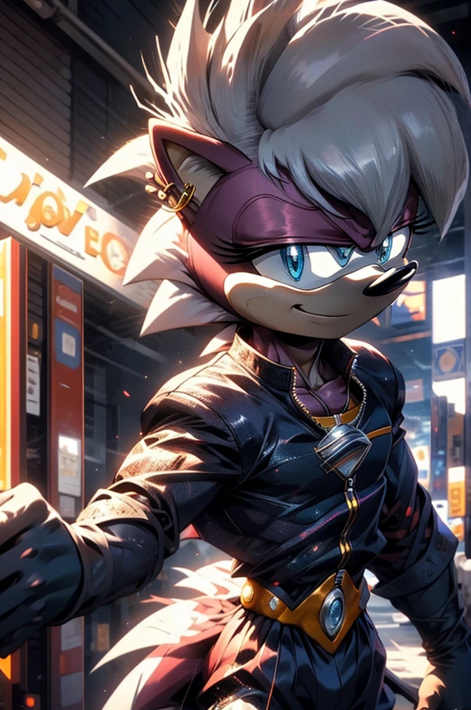 (anthro furry:1.2), best quality, (masterpiece),(ultra-detailed), (high quality), (high resolution), 1boy, solo, male, modern sonic. hedgehog, (grey fluffy fur, hedgehog ears, blue eyes, detailed eyes, gold hoop ear ring), (grey jacket, green pants, gloves), (standing), (masterpiece:1.2), hires, ultra-high resolution, 8K, high quality, (sharp focus:1.2), clean, crisp, cinematic, a furry male anthropomorphic grey hedgehog with wild spiky saiyan hair and a leather jacket on named james is smiling.