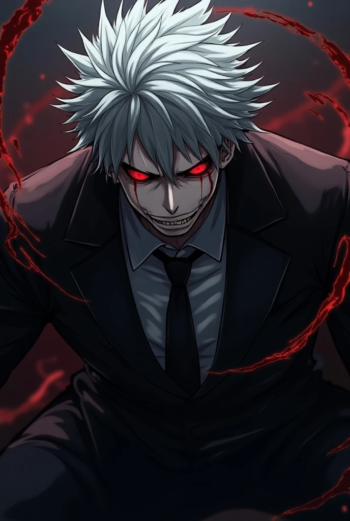 Man with white hair and red eyes, with a slight psychopathic smile, with formal suit, in a room, sitting in a comfortable chair, with a long sofa nearby. cheered up. anime.