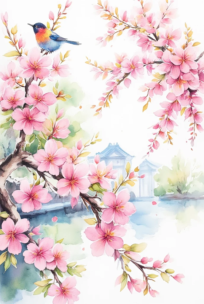 "Create a beautiful, watercolor-style illustration of blooming cherry blossoms (sakura), featuring delicate pink flowers and green leaves, with a soft pastel background." 