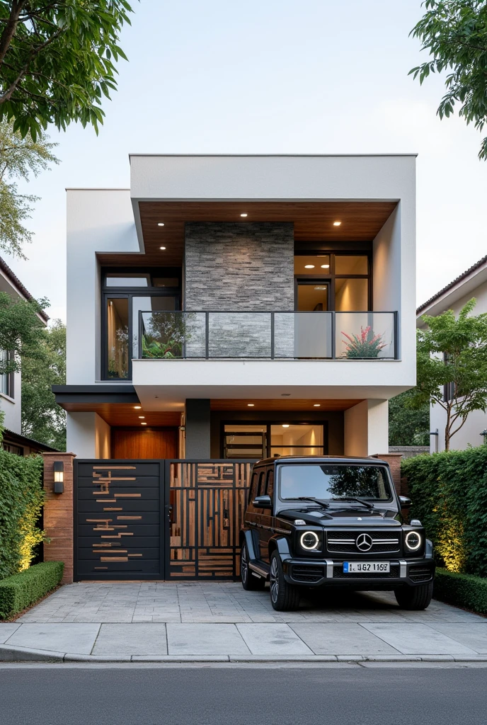 This image depicts a modern two-story house with Asian-inspired design, featuring:



- **Structure and Design:** Rectangular form, low-pitched hip roof, layered effect with a second story set back, and strong horizontal lines for stability.

- **Materials:** White plaster or concrete walls, gray stone cladding, warm wood accents, and dark metal for contrast.

- **Features:** Large windows and glass doors for natural light, a balcony, a patterned metal and wood gate for privacy, and a small landscaped area.

- **Landscaping:** Mature trees for shade and privacy, with low hedges and shrubs enhancing greenery.

- **Vehicle:** A black Mercedes-Benz G-Class SUV suggests luxury and homeowner lifestyle.

- **Overall Impression:** The house conveys modern sophistication and comfort, with clean lines and natural materials promoting an inviting atmosphere amidst tranquil landscaping. Best Quality,Masterpiece, UHD, 4k, Stunning,Eye-catching,Sharp edge render, Award winner design in 2024, Photorealistic, High-Resolution, Detailed, Accurate, Vibrant, Dynamic Lighting, Textured, Perspective, Atmospheric, Contextual, Balanced Composition, Material Realism, Interactive, Immersive, Narrative, Minimalist, Glass, Neutral Tones, Accent Colors, Open Space, Integrated Lighting, Sleek Finishes