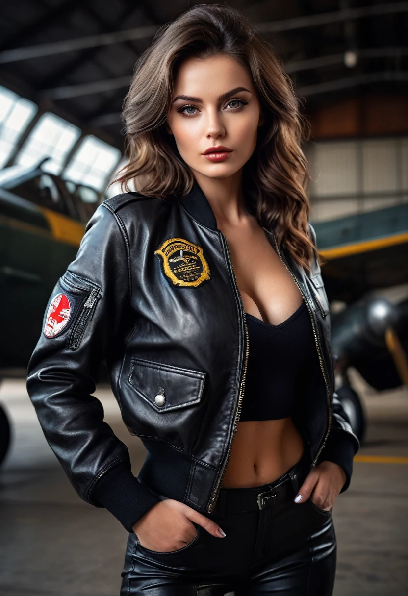 photorealistic full body portrait of an ultra hot gorgeous European woman, she’s a pilot in a hangar, she’s a playmate, men magazine model. old leather uniform, bomber jacket, (8k, RAW photo, best quality, masterpiece:1. 2), (realistic, photo-realistic:1. 37) ultra-detailed, beautiful detailed eyes, beautiful detailed lips, a captivating gaze, and an alluring expression. beautiful dynamic dramatic dark moody lighting, shadows, cinematic atmosphere, photograph, focal length, ((waist long, messy, wild, brunette hair))