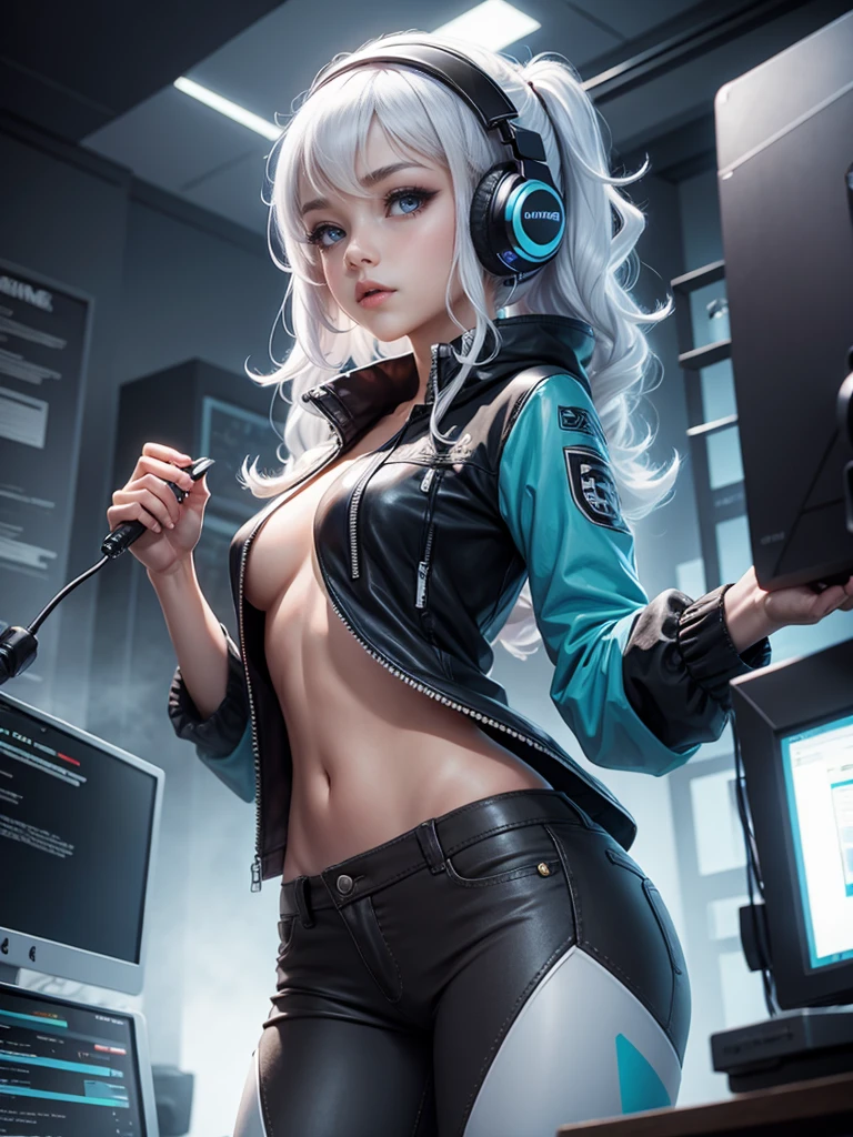 dynamic pose, dynamic angle, edgy and gritty.
1girl, dark room, gamer girl photo from below desk, dark hoodie, blonde, large white gamer headphones, small breasts,
Sitting at computer desk, multiple monitors, streamer setup. holding game pad, joystick, game controller.
white top:1.2, cleavage, pink bra:1.2, top does not fully cover the pink bra, bra visible a bit, (masterpiece, best quality), (detailed skin:1.2, detailed face:1.2),
dslr, realistic, looking at monitor, sharp focus, delicate, soft colors, cinematic lighting,